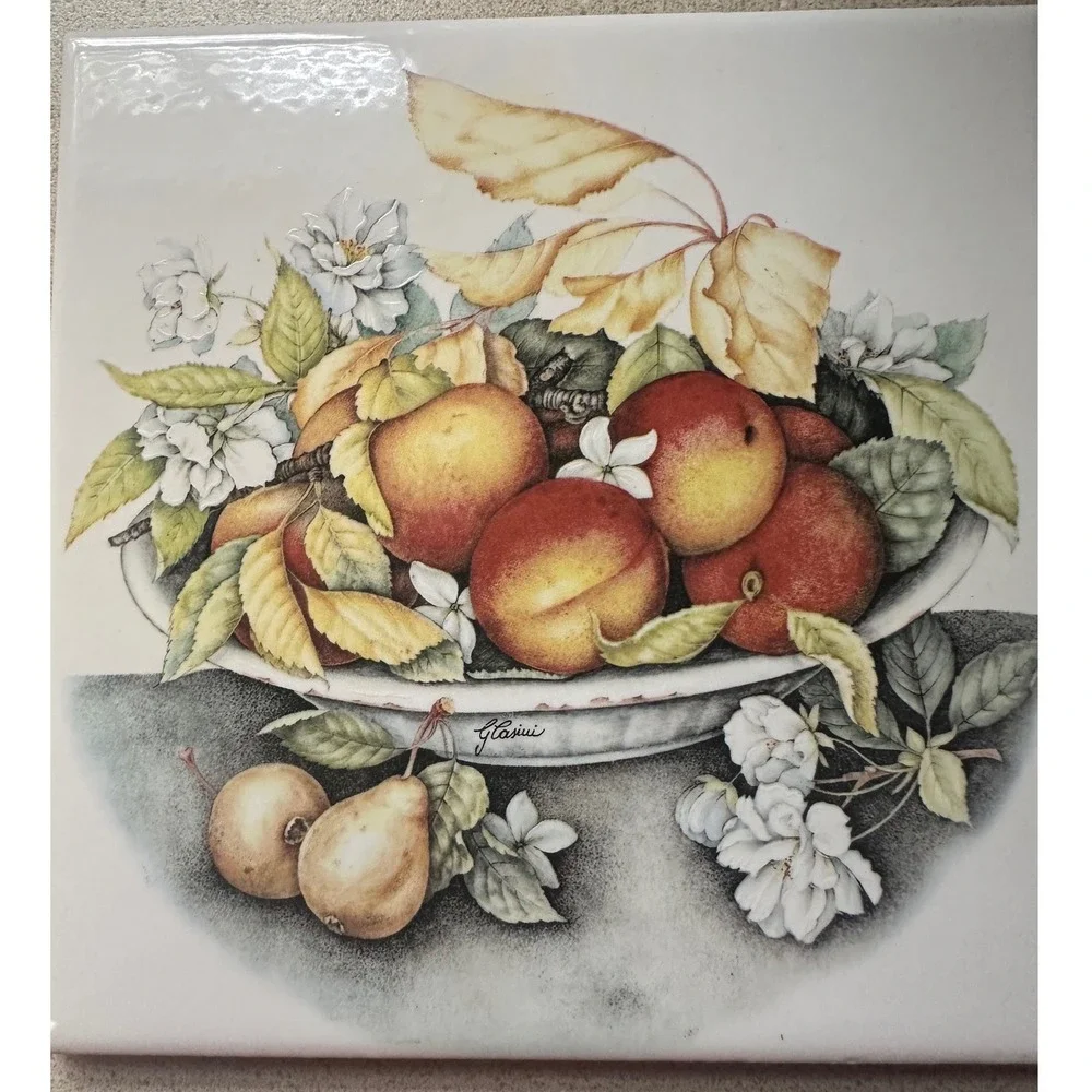 Glasini Vintage Ceramic Fruit Still Life Decorative Tile Cork Backed 6x6 EUC
